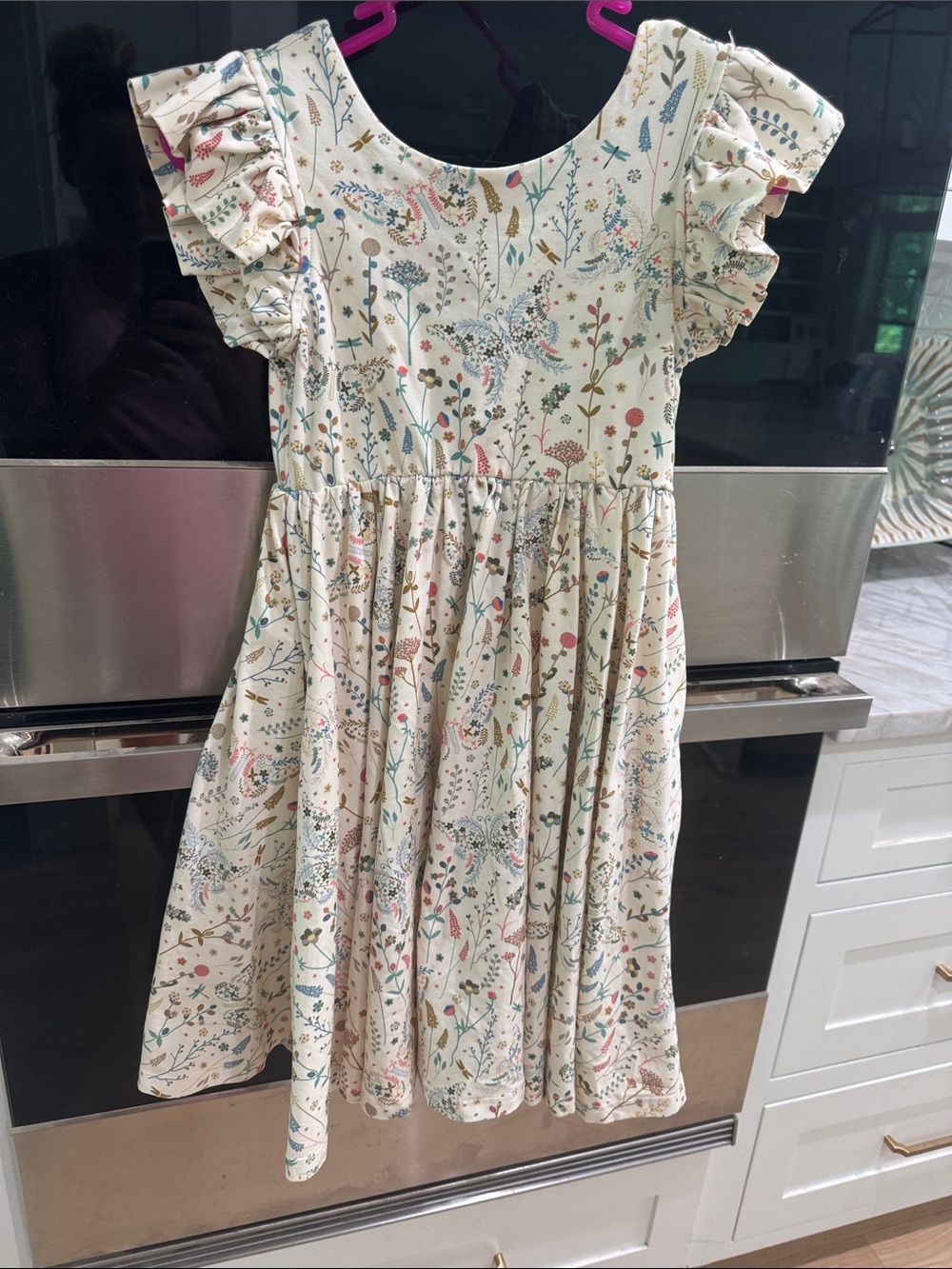 Girls Cream Floral Ruffle-Sleeve Dress